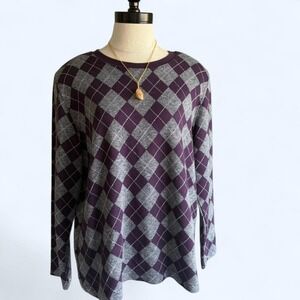 Vintage Eccobay Purple Gray Argyle Metallic Knit Long Sleeve Top Large Shimmer